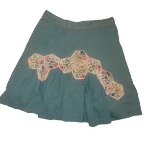 Odille Teal Cotton A-Line Skirt Hexagon Patchwork Floral Embroidery Accent retro